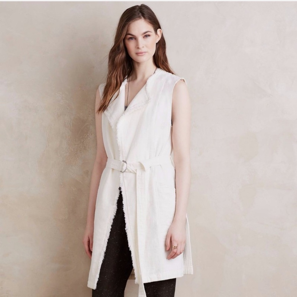 ANTHROPOLOGIE Luna Frayed White Belted Vest Jacket by Elevenses Sz S